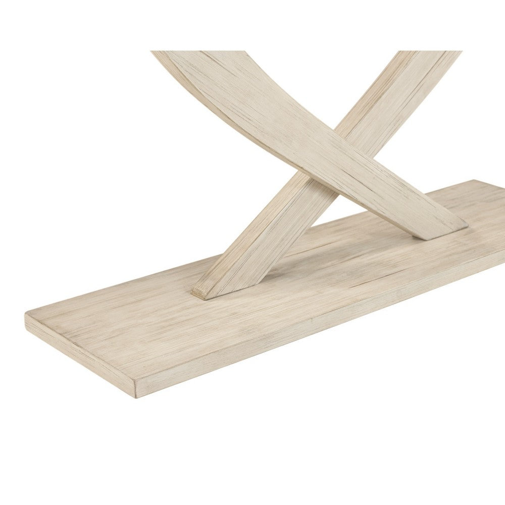 Benjara Rase 57 Inch Console Table, Cross Leg Design, Pedestal Base, Whitewash Wood