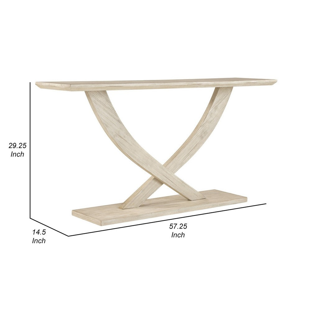 Benjara Rase 57 Inch Console Table, Cross Leg Design, Pedestal Base, Whitewash Wood