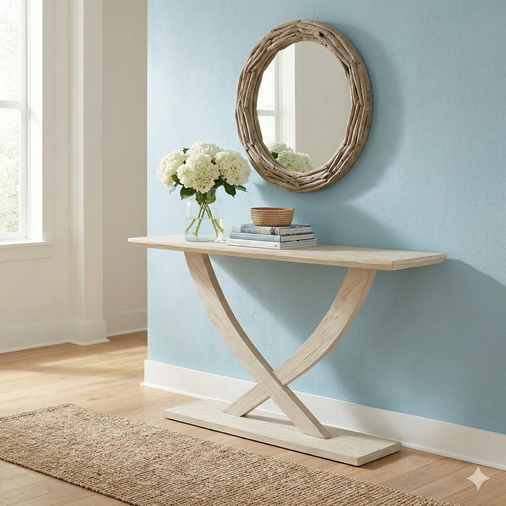 Benjara Rase 57 Inch Console Table, Cross Leg Design, Pedestal Base, Whitewash Wood