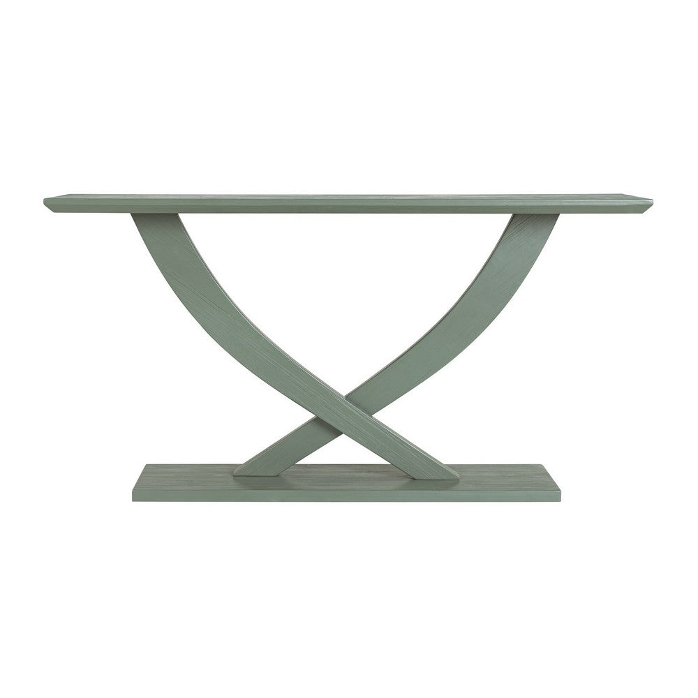 Benjara Rase 57 Inch Console Table, Cross Leg Design, Pedestal Base, Gray Green