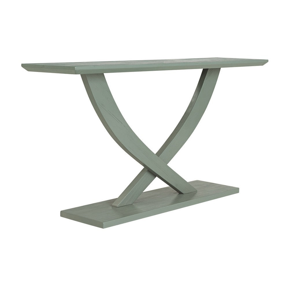 Benjara Rase 57 Inch Console Table, Cross Leg Design, Pedestal Base, Gray Green