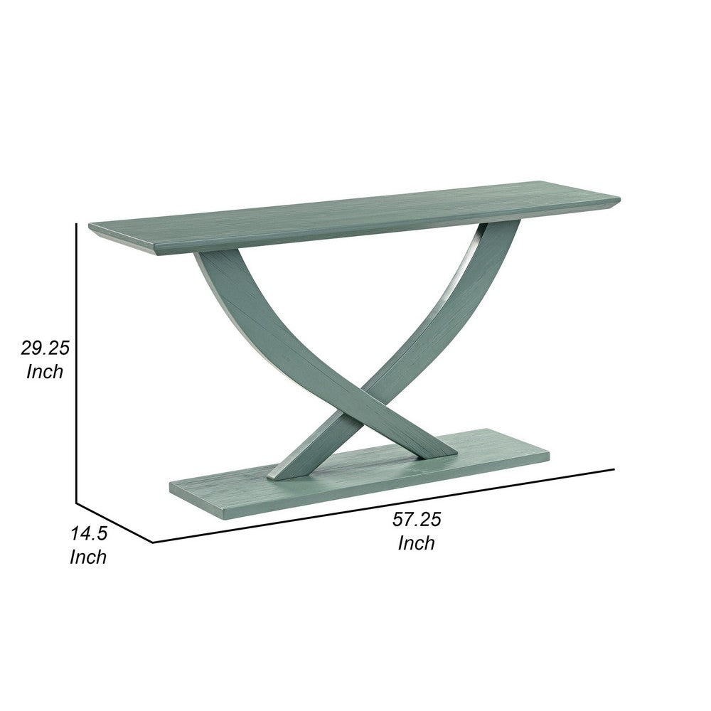 Benjara Rase 57 Inch Console Table, Cross Leg Design, Pedestal Base, Gray Green