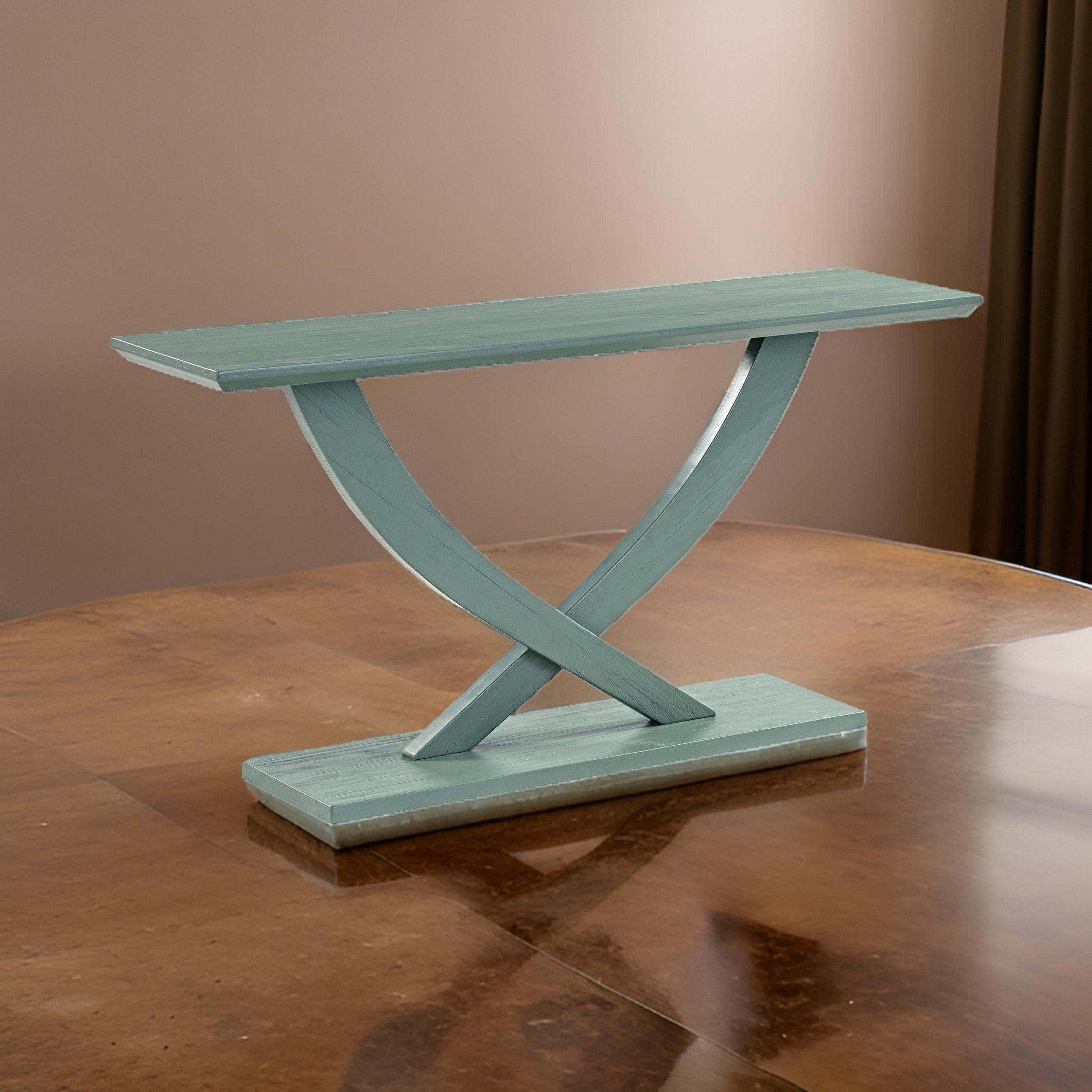 Benjara Rase 57 Inch Console Table, Cross Leg Design, Pedestal Base, Gray Green