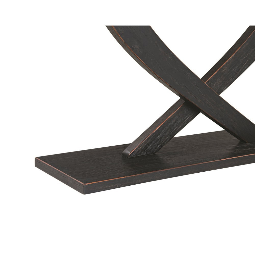 Benjara Rase 57 Inch Console Table, Cross Leg Design, Pedestal Base, Black Wood