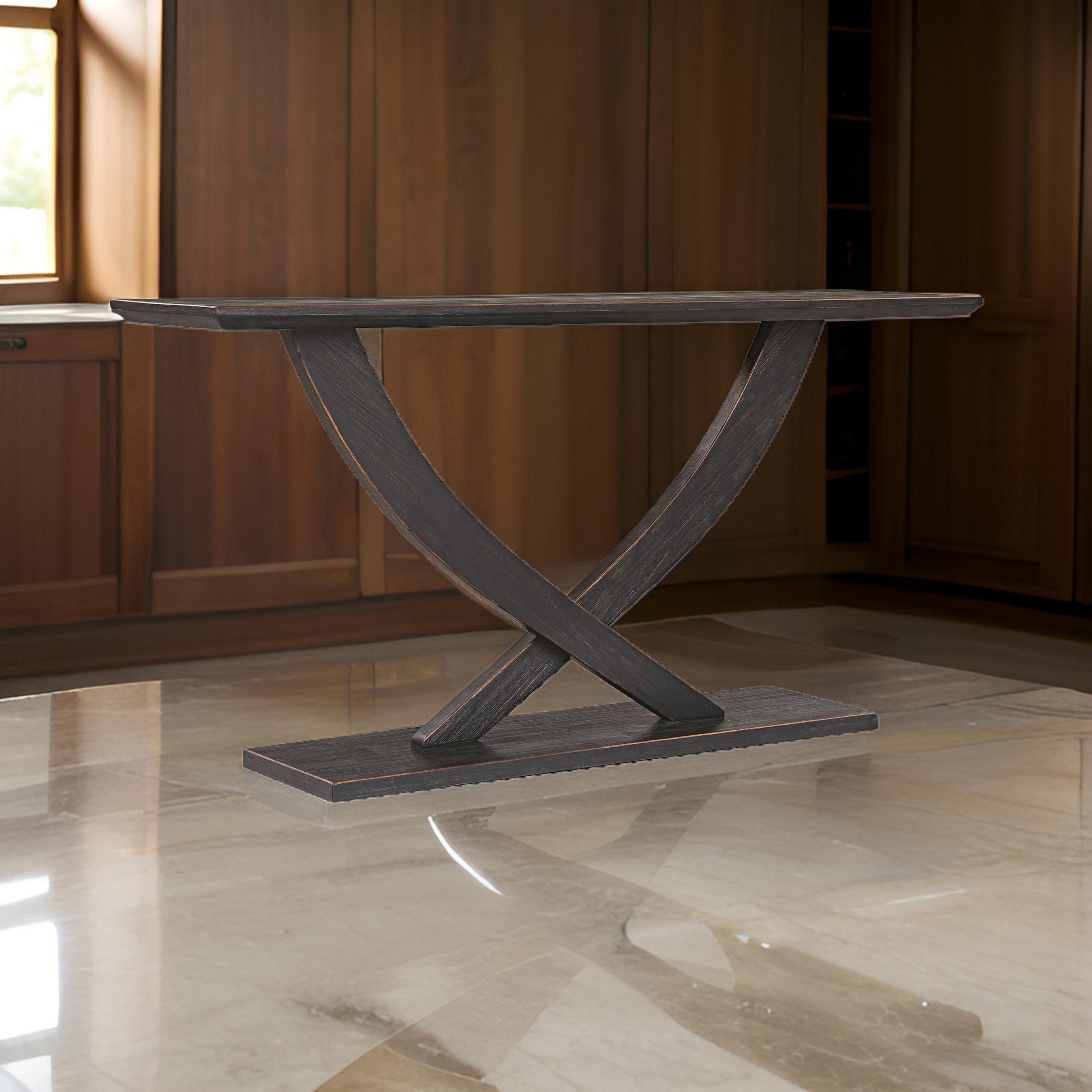 Benjara Rase 57 Inch Console Table, Cross Leg Design, Pedestal Base, Black Wood