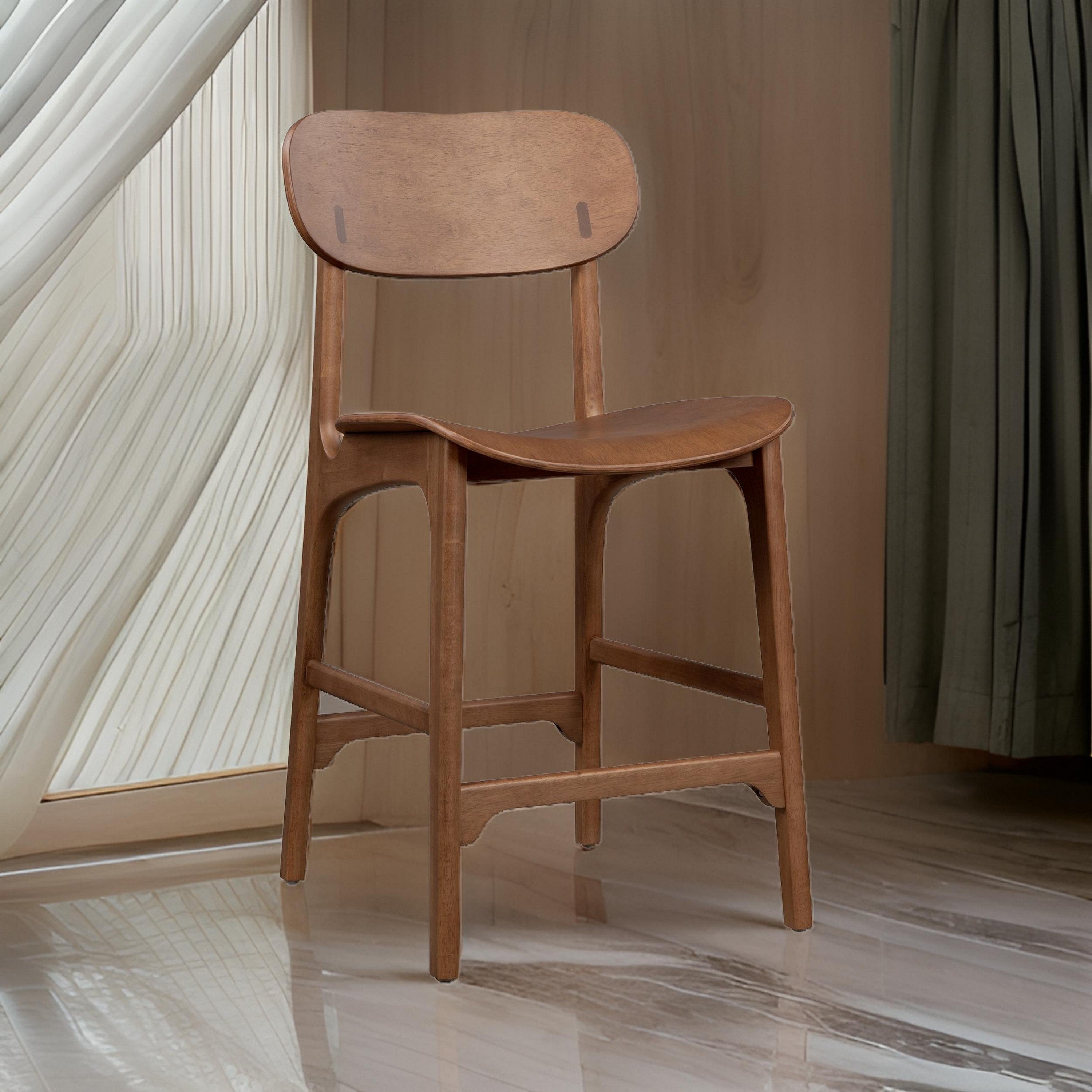 Benjara Seln 24 Inch Counter Stool Chair, Curved Seat, Open Back, Dark Brown Wood