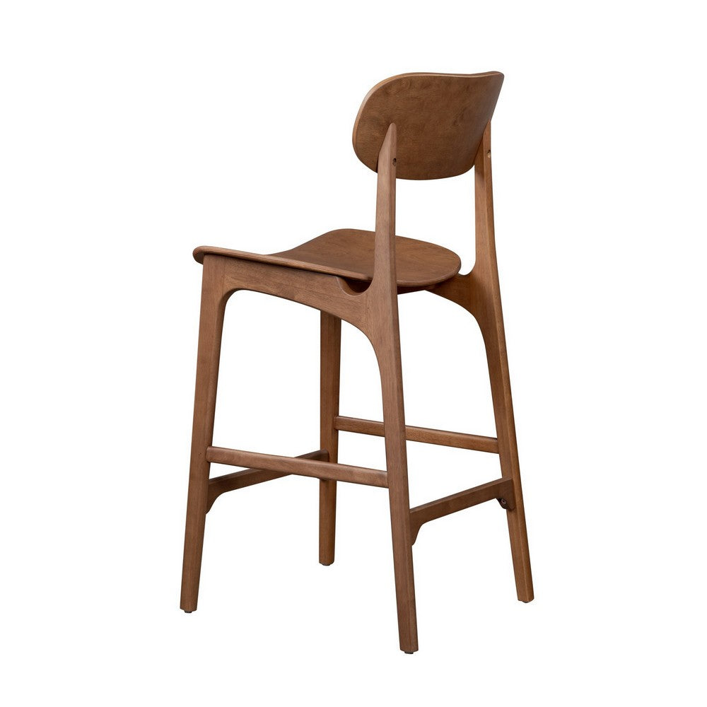 Benjara Seln 30 Inch Barstool Chair, Curved Seat, Open Back, Dark Brown Wood