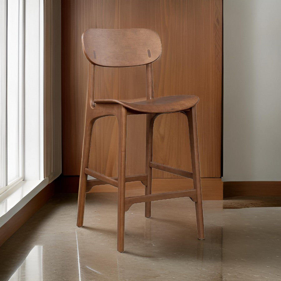 Benjara Seln 30 Inch Barstool Chair, Curved Seat, Open Back, Dark Brown Wood