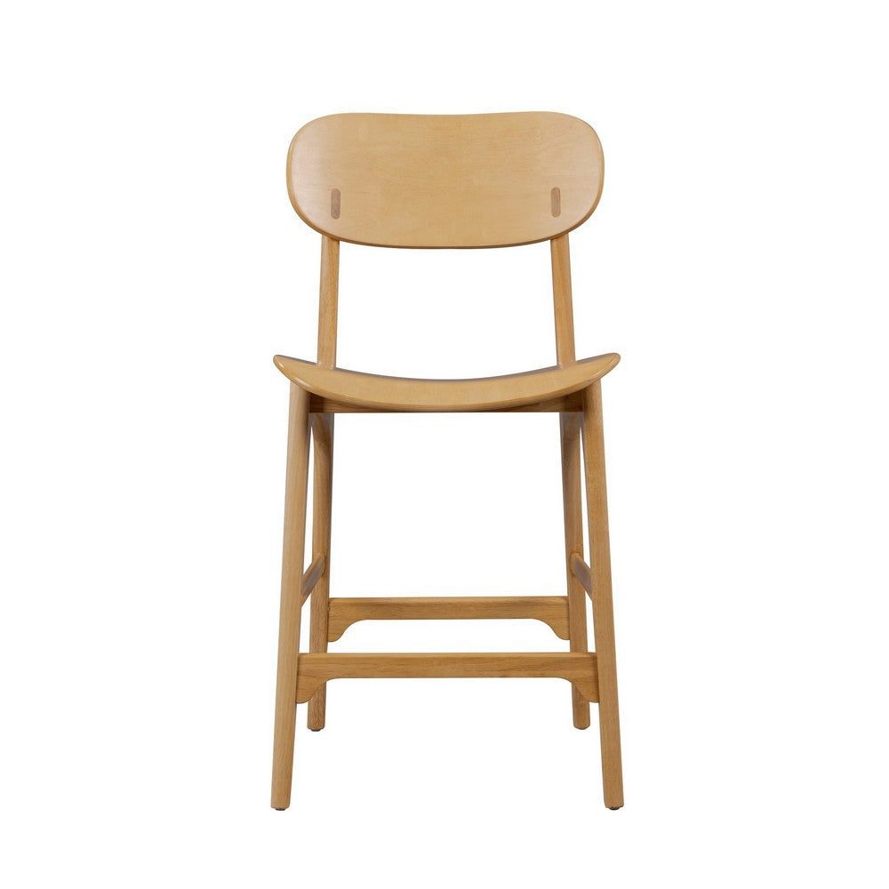 Benjara Seln 24 Inch Counter Stool Chair, Curved Seat, Open Back, Light Brown Wood