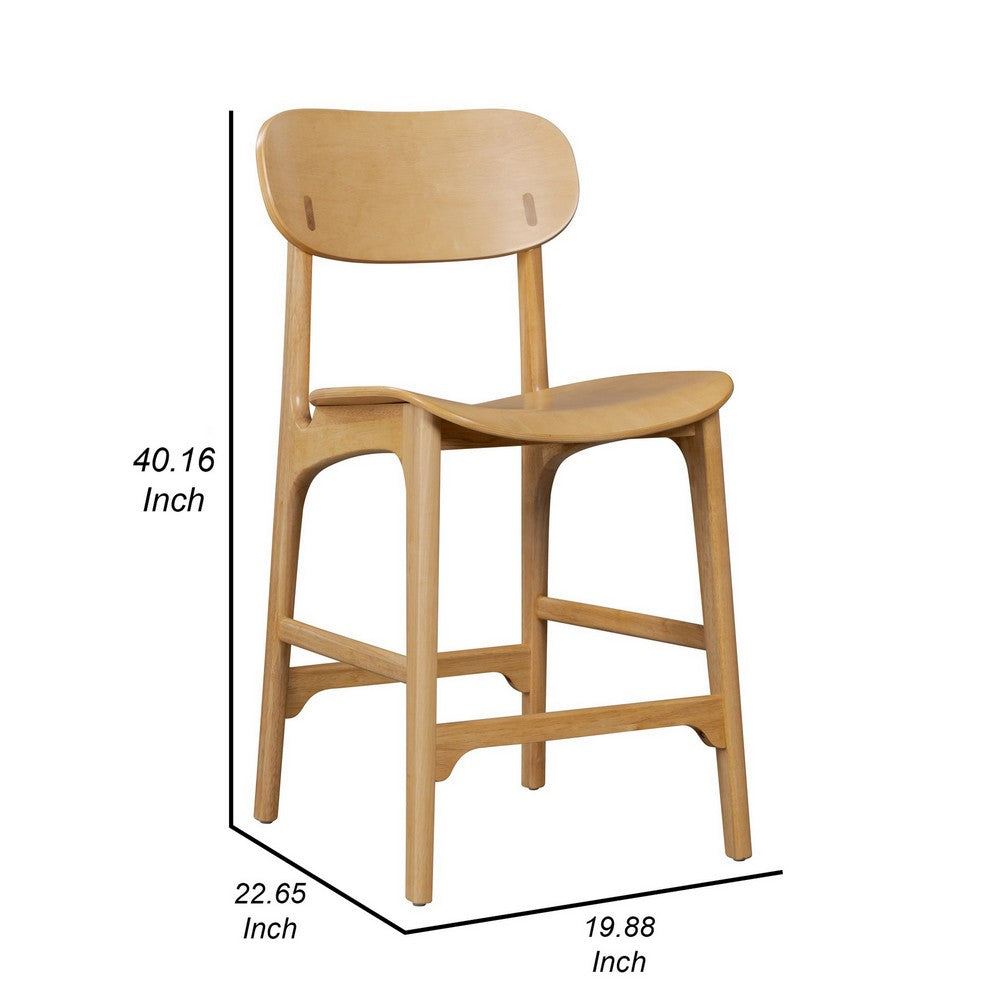 Benjara Seln 24 Inch Counter Stool Chair, Curved Seat, Open Back, Light Brown Wood