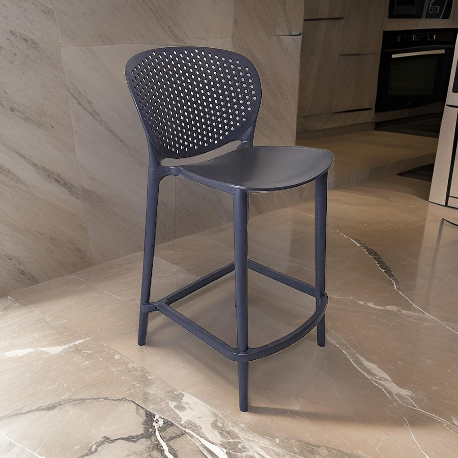 Benjara Celin 30 Inch Barstool Chair, Set of 4, Stackable, Mesh, Curved Seat, Gray