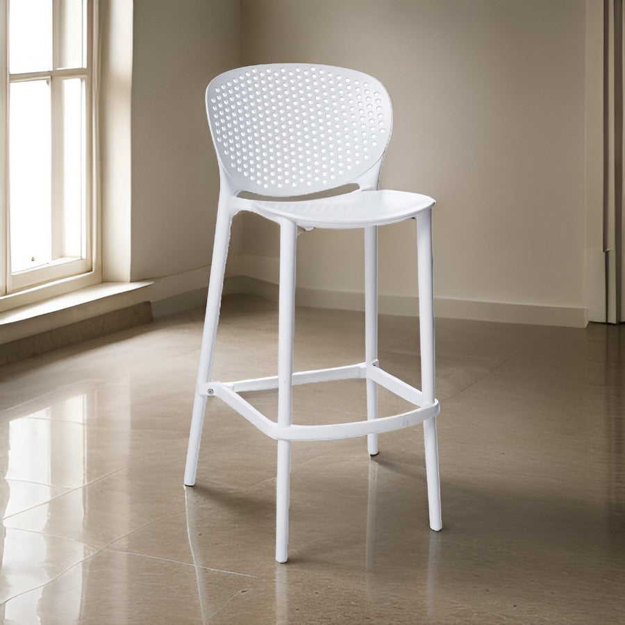 Benjara Celin 30 Inch Barstool Chair, Set of 4, Stackable, Mesh, Curved Seat, White