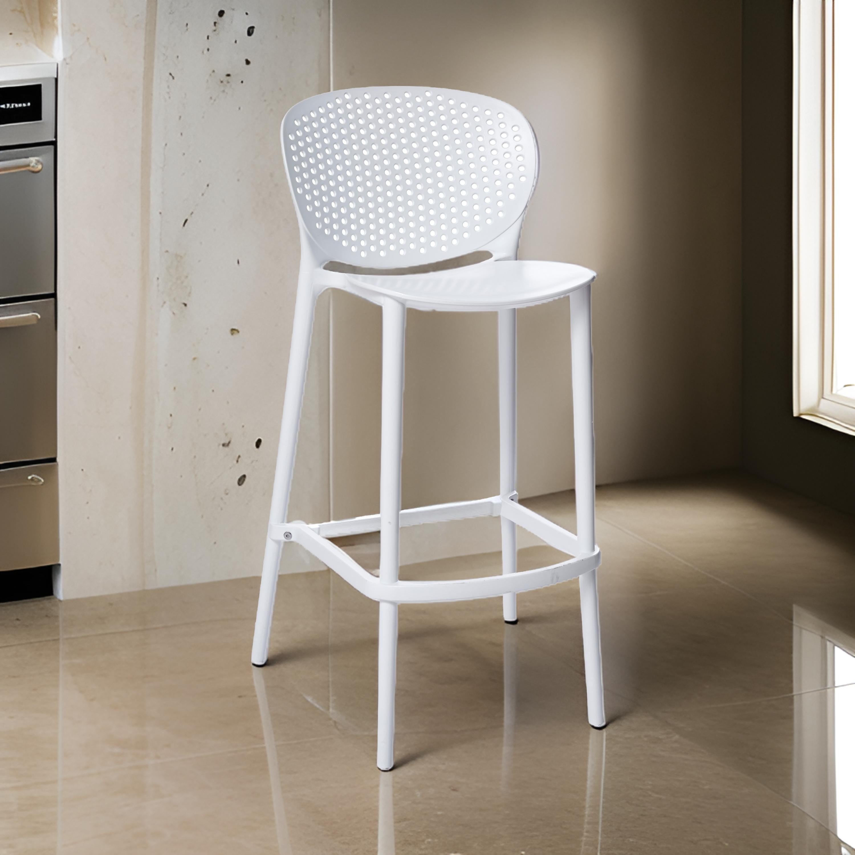 Benjara Celin 26 Inch Counter Stool Chair, Set of 4, Stackable, Mesh Back, White