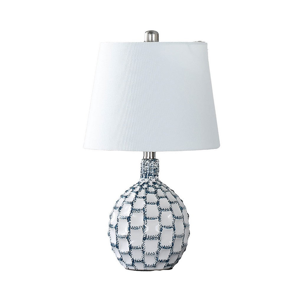 Benjara 20 Inch Table Lamp, Luxurious Lattice Ceramic Body, Drum Shade, Blue Silver