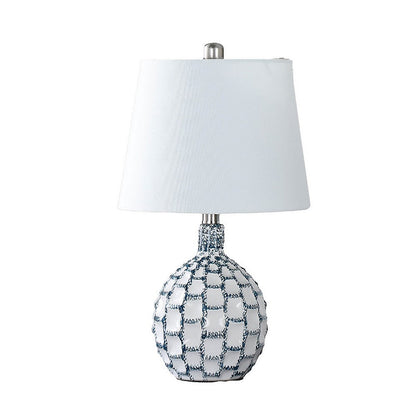 Benjara 20 Inch Table Lamp, Luxurious Lattice Ceramic Body, Drum Shade, Blue Silver