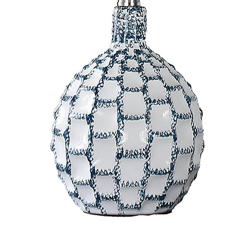 Benjara 20 Inch Table Lamp, Luxurious Lattice Ceramic Body, Drum Shade, Blue Silver