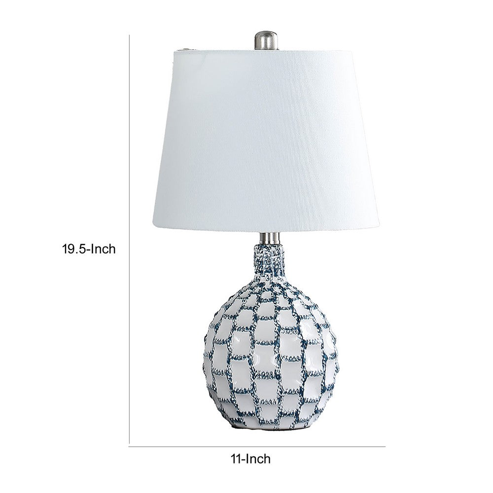 Benjara 20 Inch Table Lamp, Luxurious Lattice Ceramic Body, Drum Shade, Blue Silver