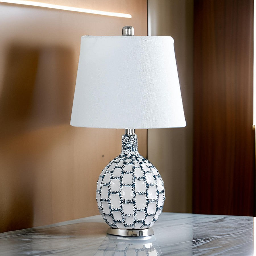 Benjara 20 Inch Table Lamp, Luxurious Lattice Ceramic Body, Drum Shade, Blue Silver
