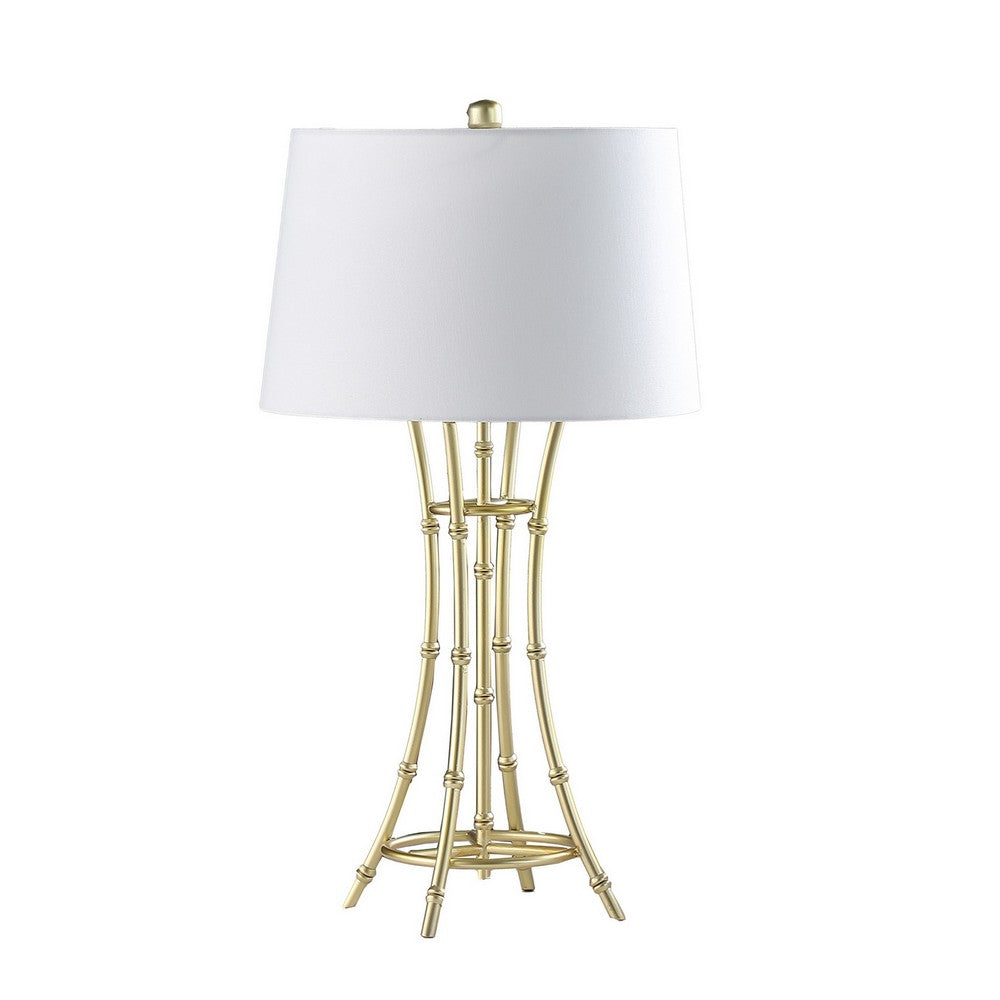 Benjara Lisi 29 Inch Table Lamp, White Drum Shade, Gold Mettalic Bamboo Style Base