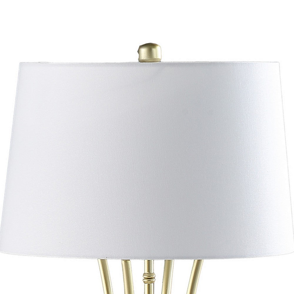 Benjara Lisi 29 Inch Table Lamp, White Drum Shade, Gold Mettalic Bamboo Style Base