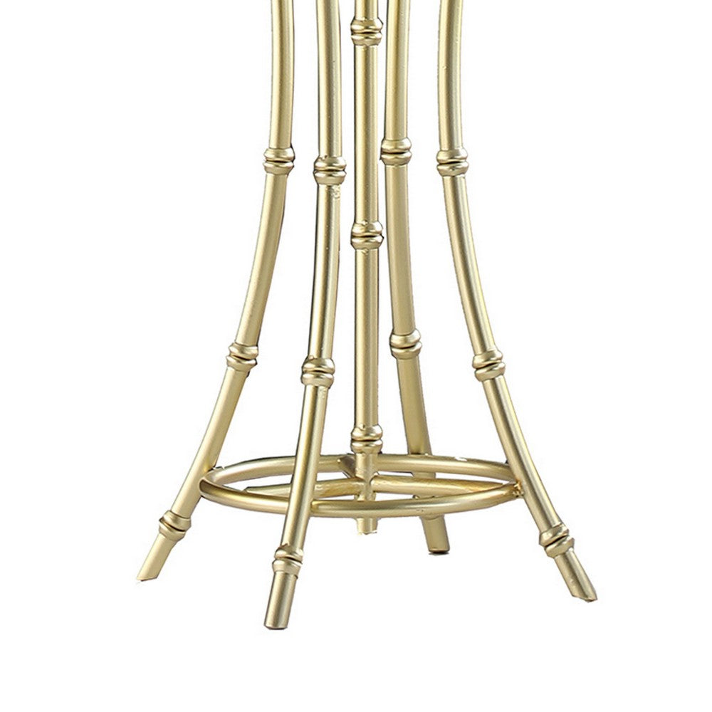 Benjara Lisi 29 Inch Table Lamp, White Drum Shade, Gold Mettalic Bamboo Style Base