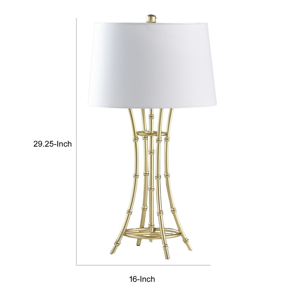 Benjara Lisi 29 Inch Table Lamp, White Drum Shade, Gold Mettalic Bamboo Style Base