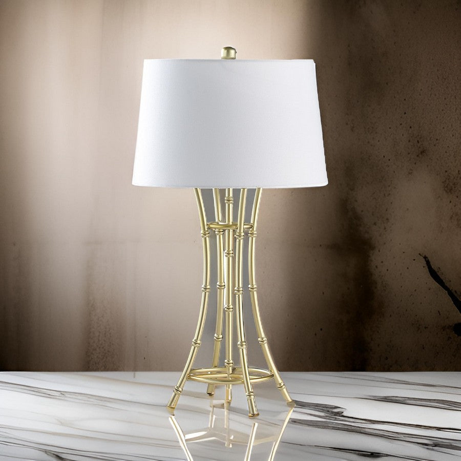 Benjara Lisi 29 Inch Table Lamp, White Drum Shade, Gold Mettalic Bamboo Style Base