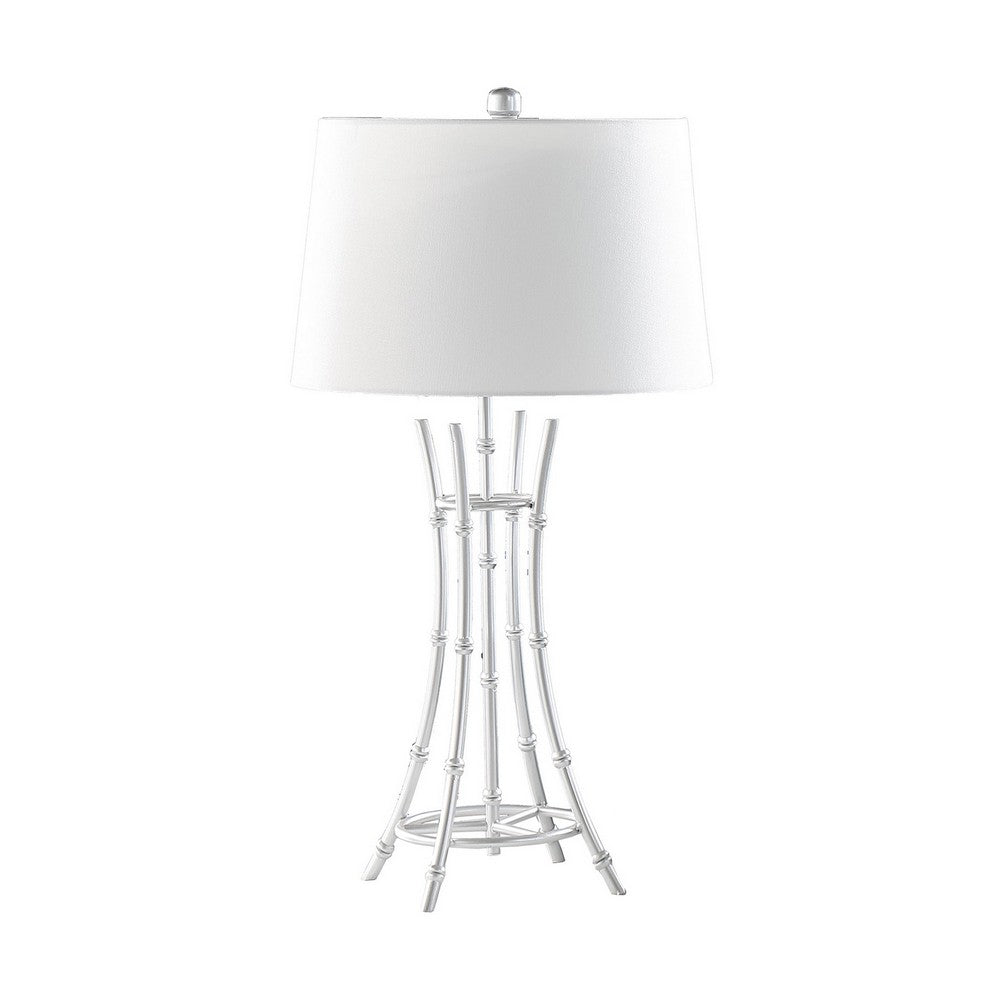 Benjara Lisi 29 Inch Table Lamp, White Shade, Silver Mettalic Bamboo Style Base