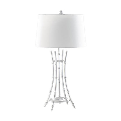 Benjara Lisi 29 Inch Table Lamp, White Shade, Silver Mettalic Bamboo Style Base