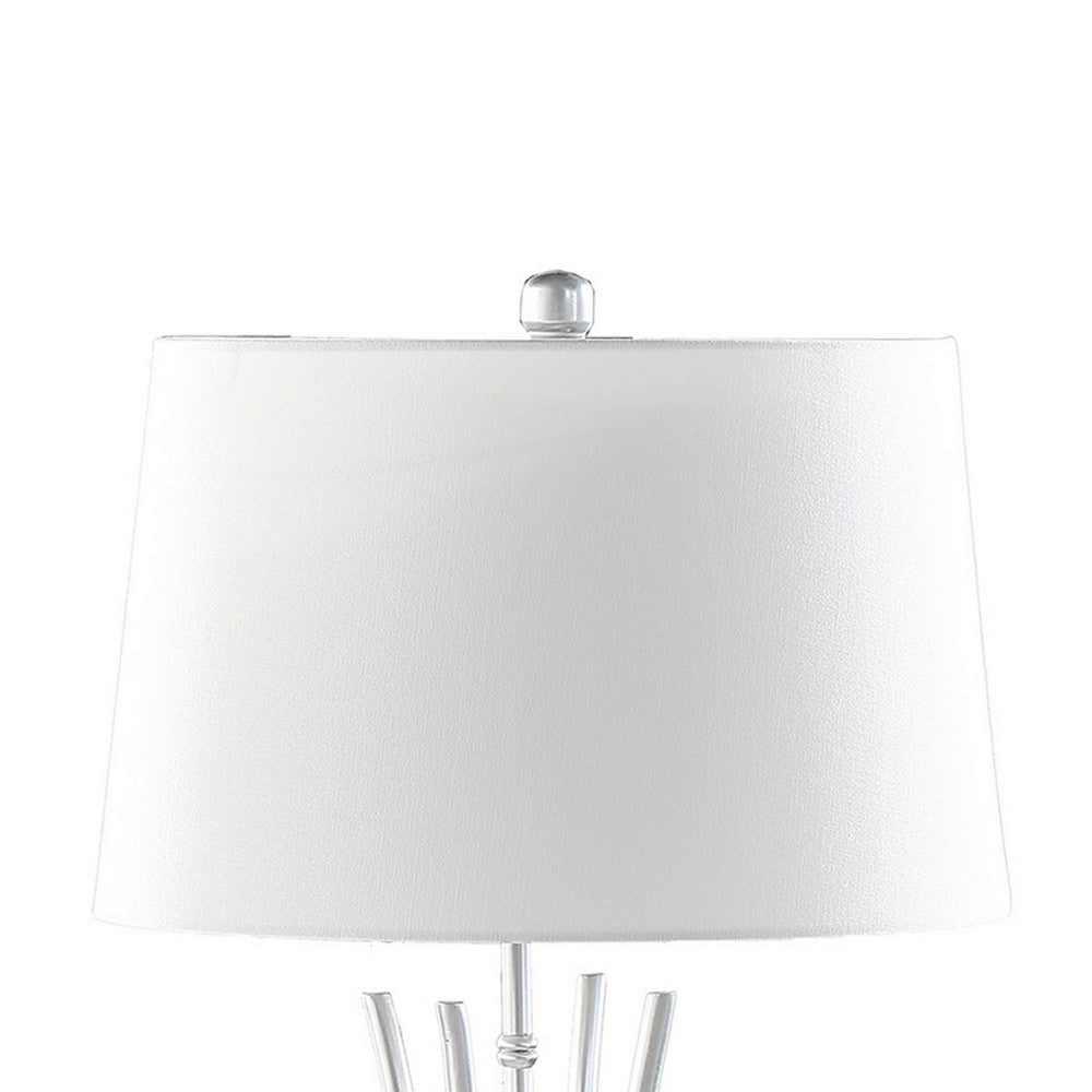 Benjara Lisi 29 Inch Table Lamp, White Shade, Silver Mettalic Bamboo Style Base