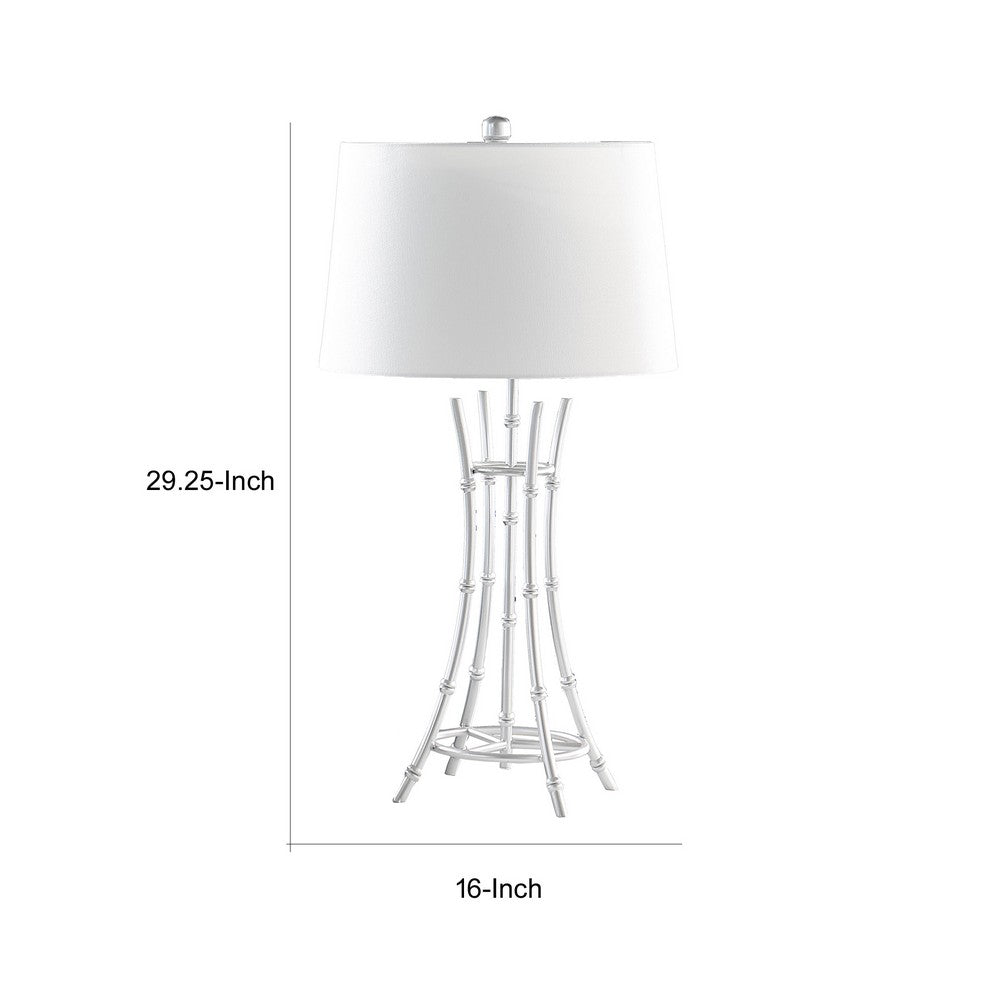 Benjara Lisi 29 Inch Table Lamp, White Shade, Silver Mettalic Bamboo Style Base