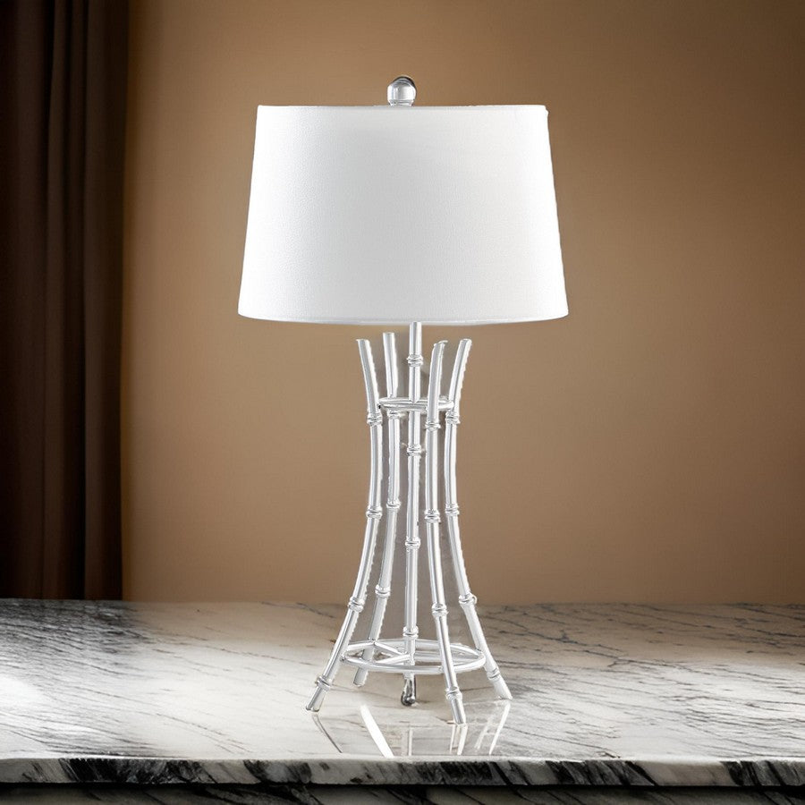 Benjara Lisi 29 Inch Table Lamp, White Shade, Silver Mettalic Bamboo Style Base
