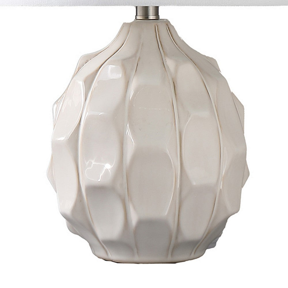 Benjara 22 Inch Table Lamp, Cream Round Cascading Ceramic Design Urn, Brushed Metal
