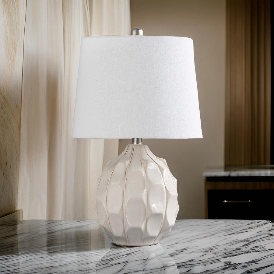 Benjara 22 Inch Table Lamp, Cream Round Cascading Ceramic Design Urn, Brushed Metal