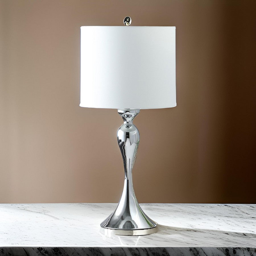 Benjara Omi 25 Inch Table Lamp, Drum White Shade, Sleek Slender Modern Chrome Body