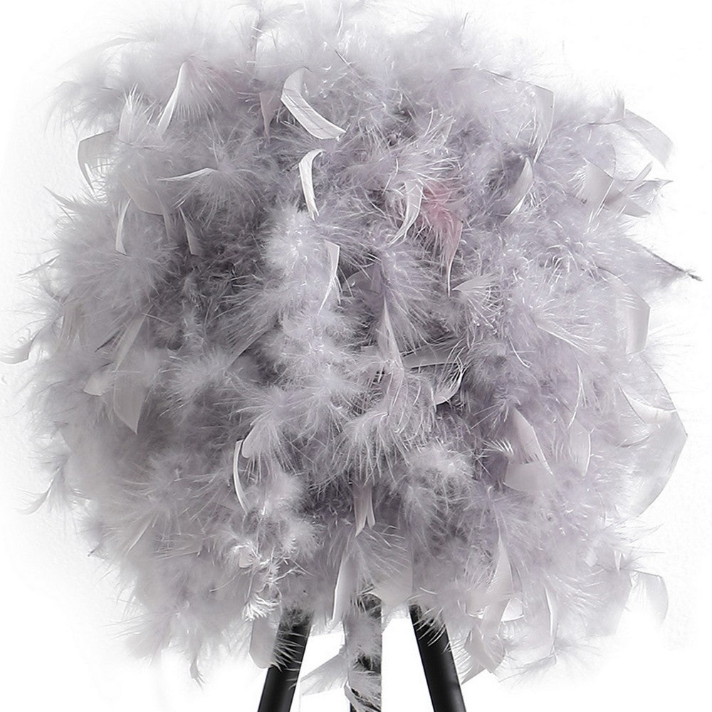 Benjara Rio 21 Inch Accent Table Lamp, Gray Feather Shade, Black Metal Tripod Base