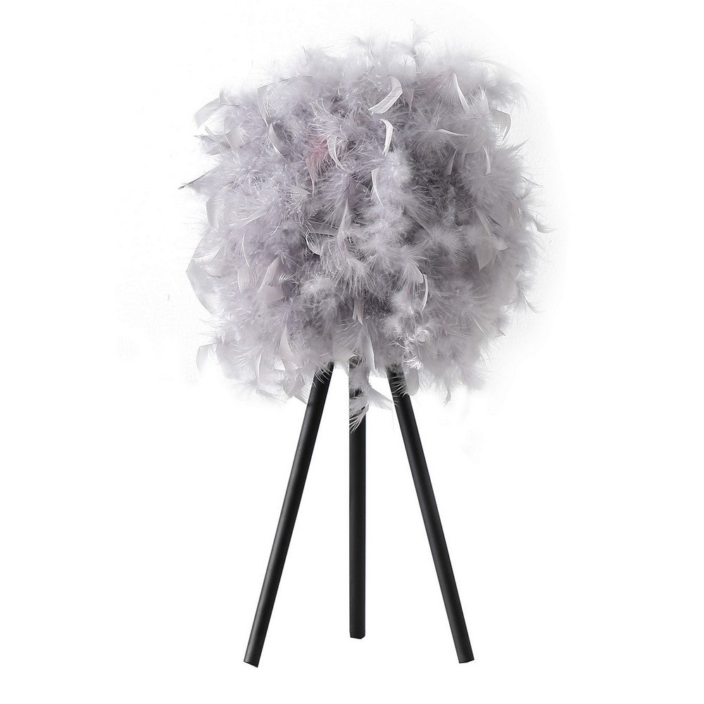 Benjara Rio 21 Inch Accent Table Lamp, Gray Feather Shade, Black Metal Tripod Base