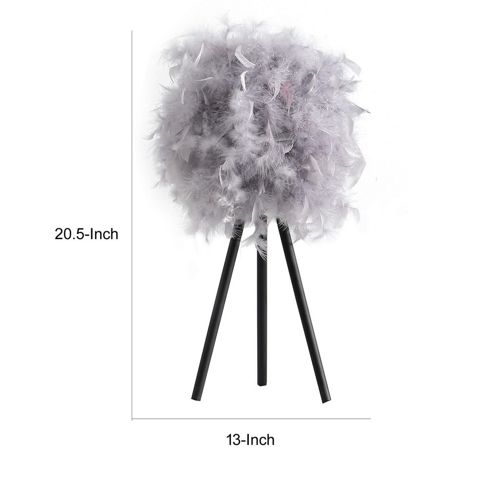 Benjara Rio 21 Inch Accent Table Lamp, Gray Feather Shade, Black Metal Tripod Base