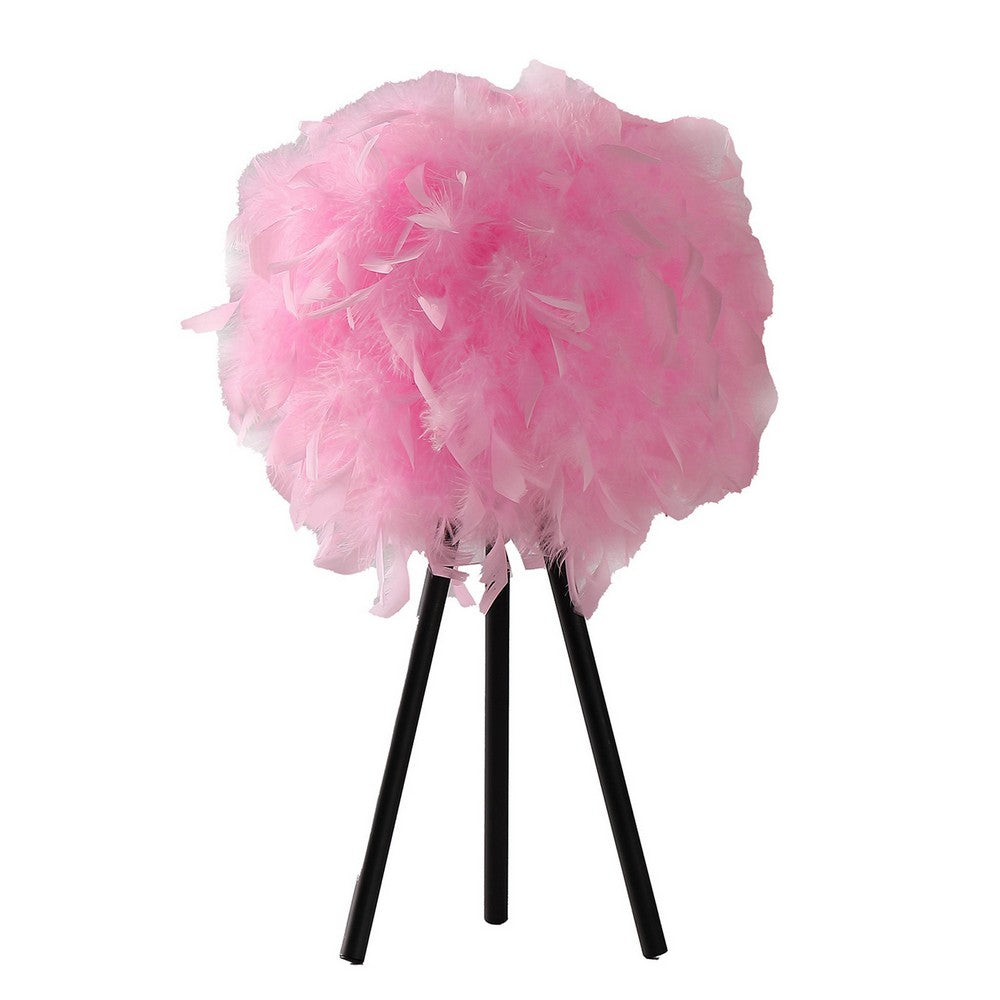 Benjara Rio 21 Inch Accent Table Lamp, Pink Feather Shade, Black Metal Tripod Base
