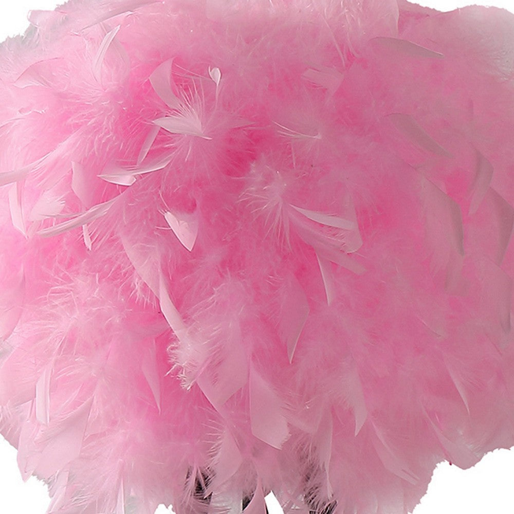 Benjara Rio 21 Inch Accent Table Lamp, Pink Feather Shade, Black Metal Tripod Base