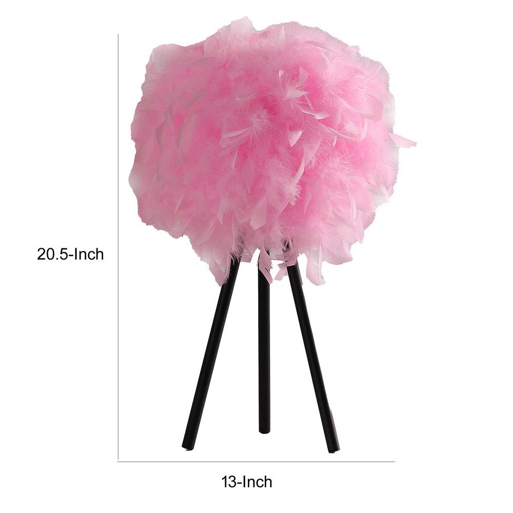 Benjara Rio 21 Inch Accent Table Lamp, Pink Feather Shade, Black Metal Tripod Base