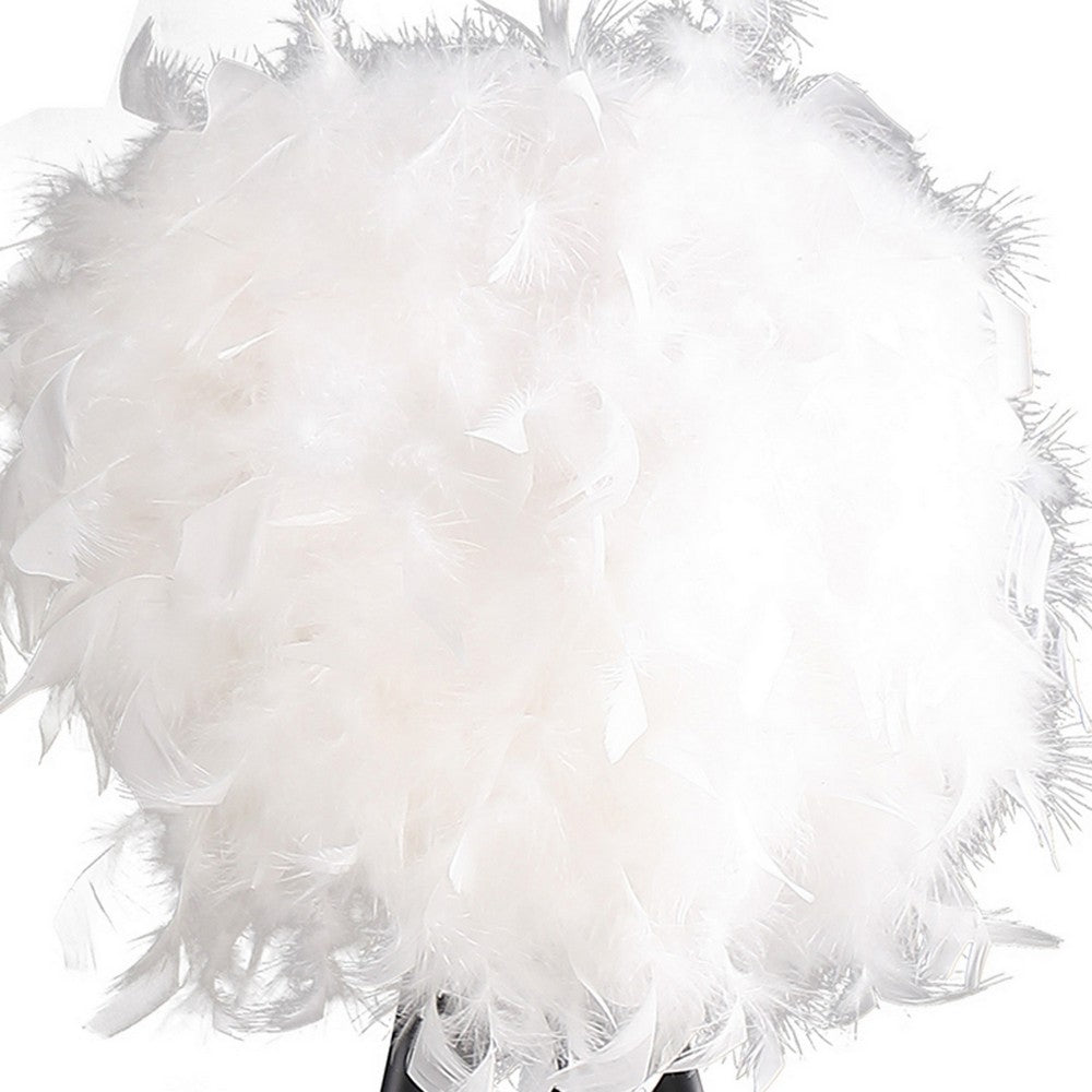 Benjara Rio 21 Inch Accent Table Lamp, White Feather Shade, Black Metal Tripod Base