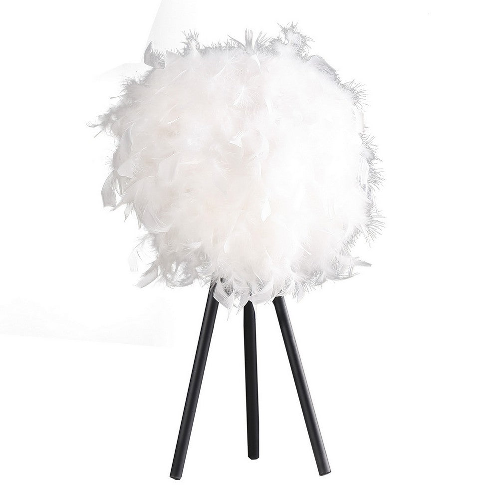 Benjara Rio 21 Inch Accent Table Lamp, White Feather Shade, Black Metal Tripod Base