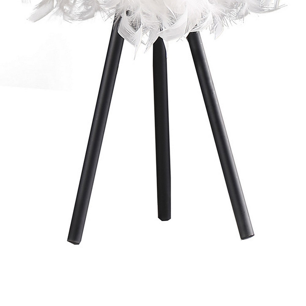 Benjara Rio 21 Inch Accent Table Lamp, White Feather Shade, Black Metal Tripod Base