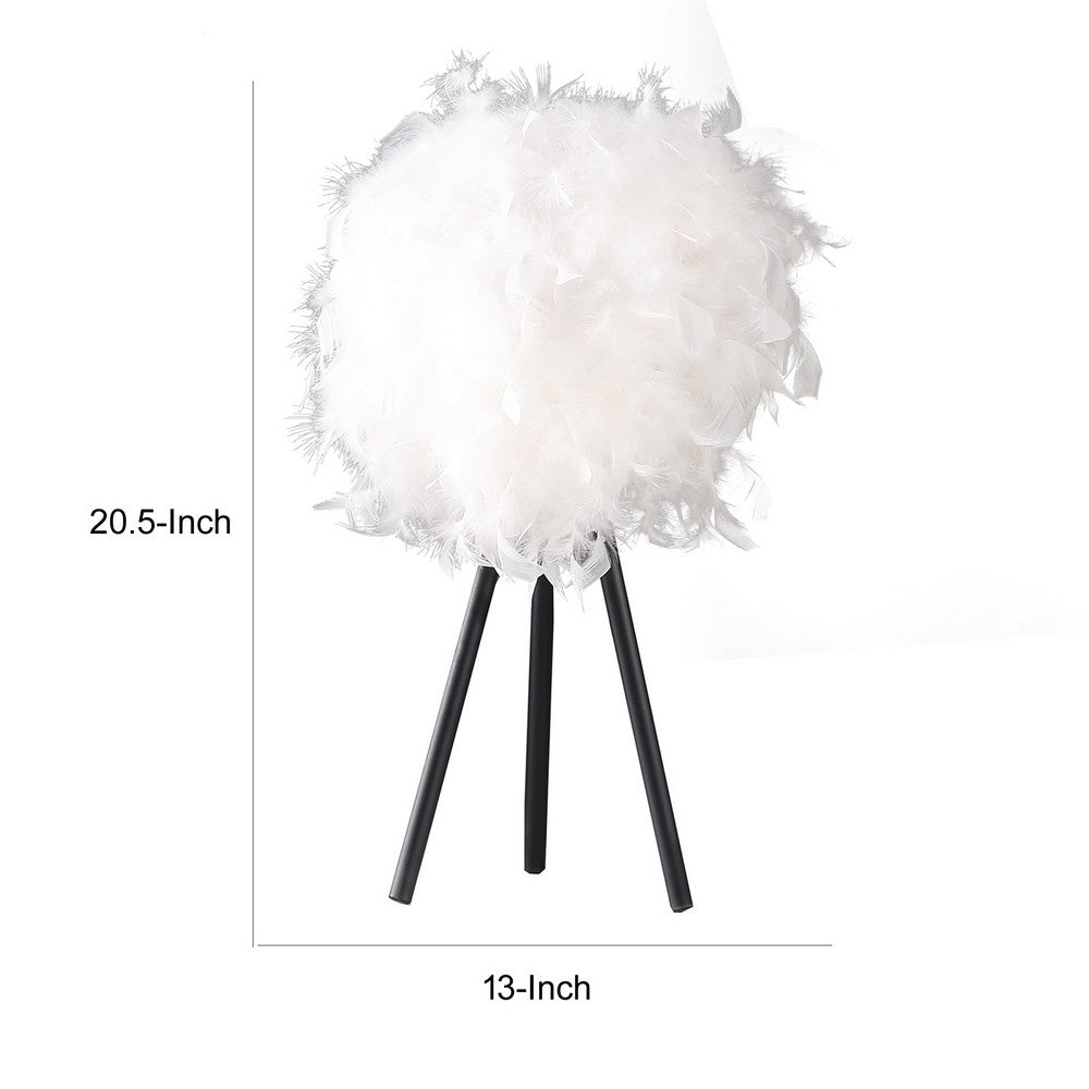 Benjara Rio 21 Inch Accent Table Lamp, White Feather Shade, Black Metal Tripod Base