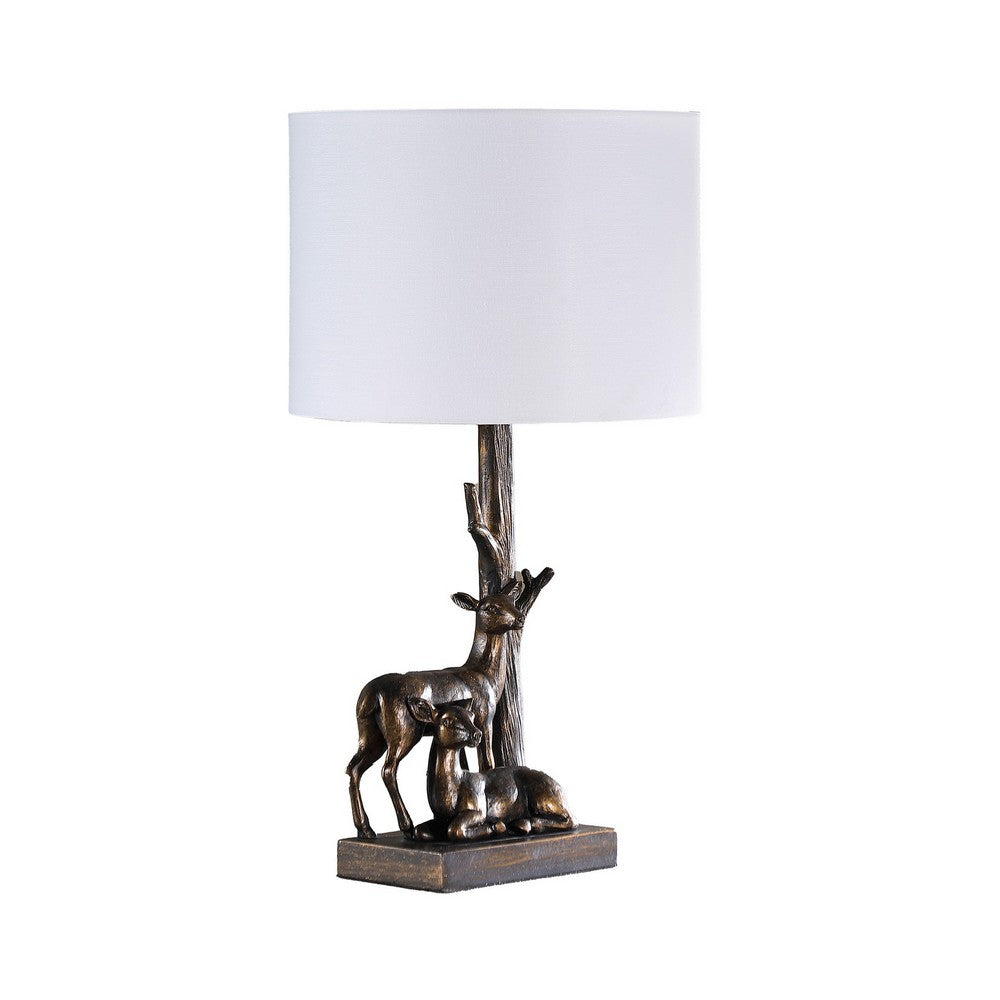 Benjara 20 Inch Accent Table Lamp, Dual Roe Deer Design, White Drum Shade, Bronze