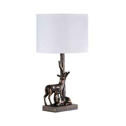 Benjara 20 Inch Accent Table Lamp, Dual Roe Deer Design, White Drum Shade, Bronze