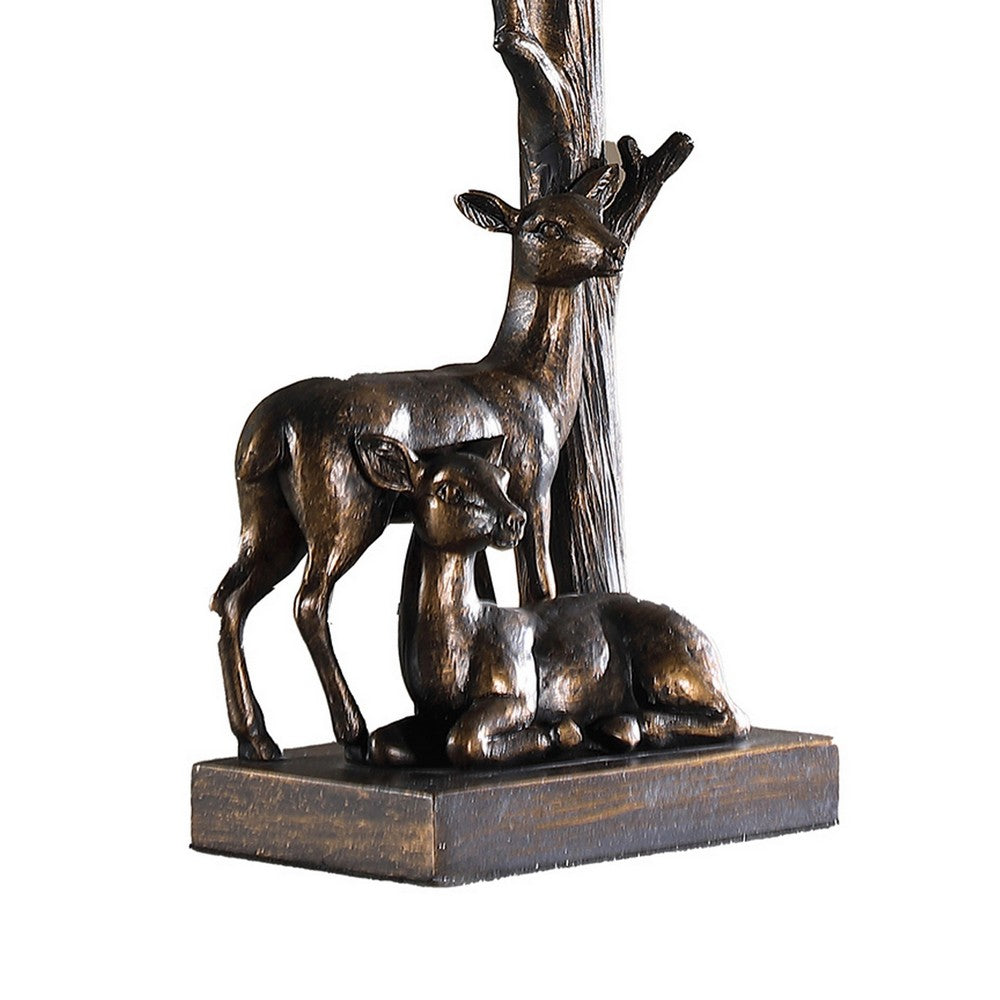 Benjara 20 Inch Accent Table Lamp, Dual Roe Deer Design, White Drum Shade, Bronze