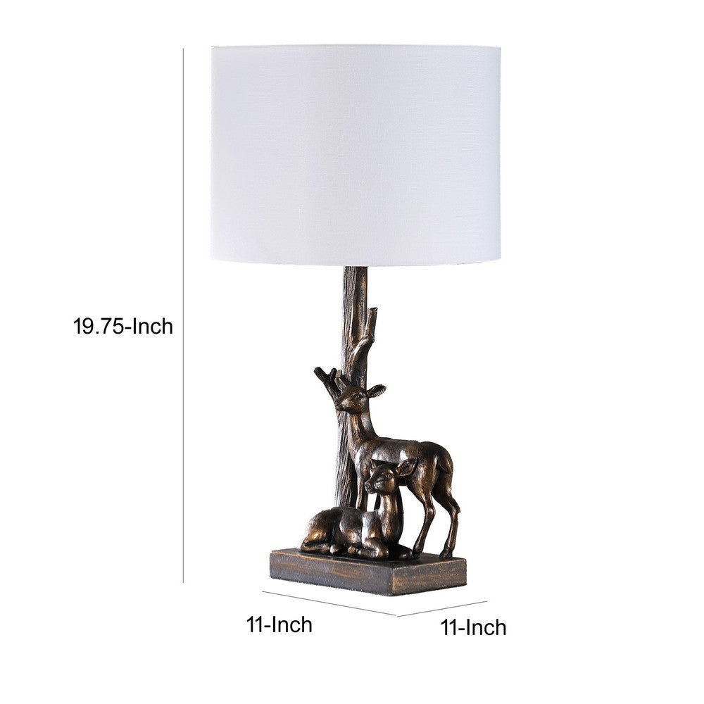 Benjara 20 Inch Accent Table Lamp, Dual Roe Deer Design, White Drum Shade, Bronze