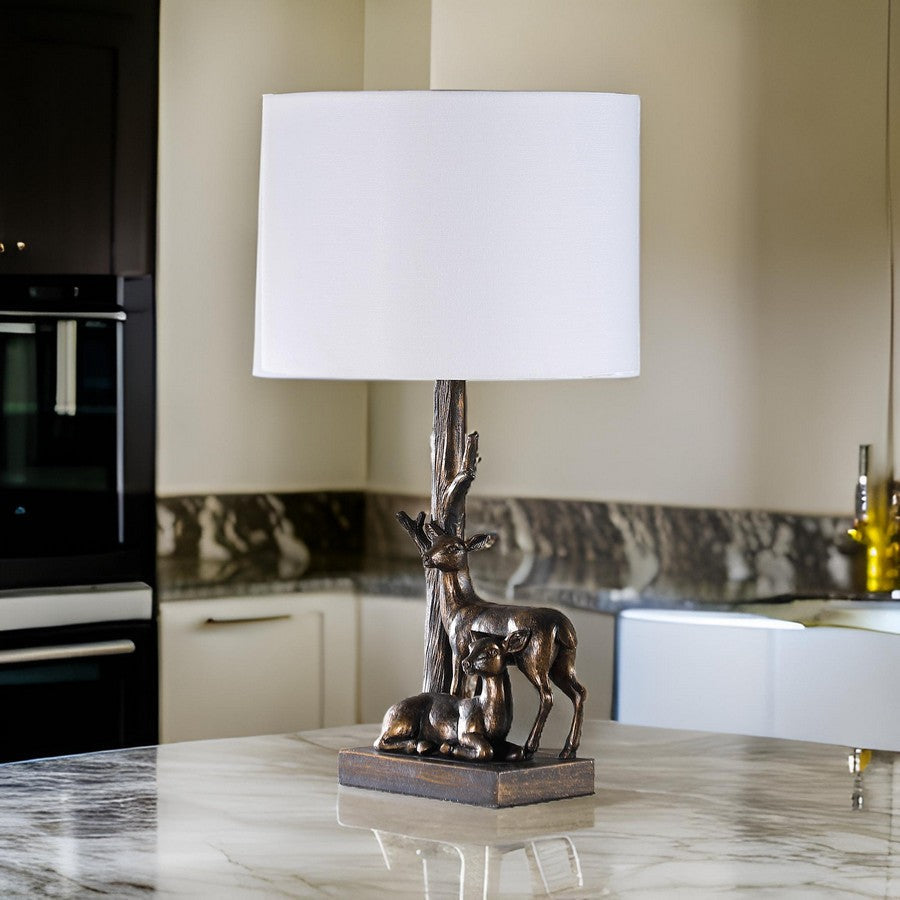 Benjara 20 Inch Accent Table Lamp, Dual Roe Deer Design, White Drum Shade, Bronze